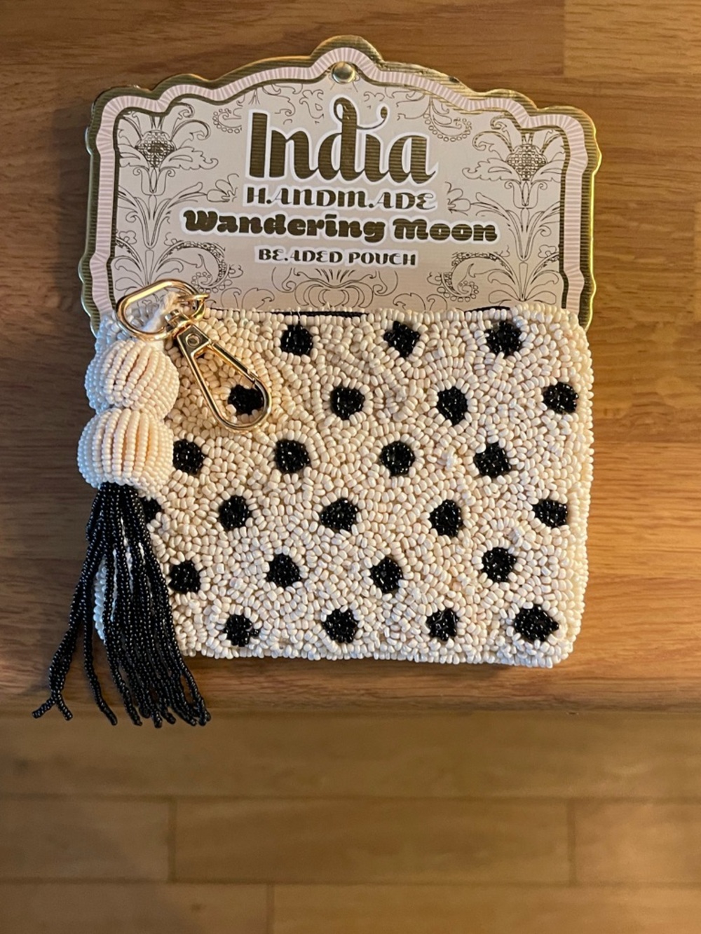 Handmade Beaded Polka Dot Pouch - White & Black